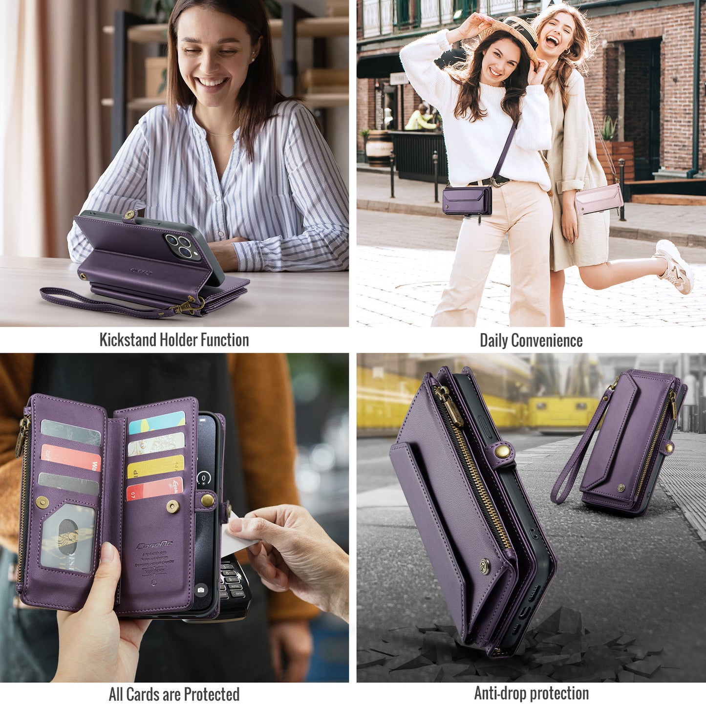 New RFID Blocking Zipper Wallet Supports Wireless Charging with Long and Short Lanyard Leather Phone Case for iPhone