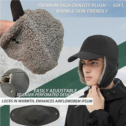 Trapper Hat for Men Women Waterproof Winter Warm Baseball Cap with Ear Flaps and Mask
