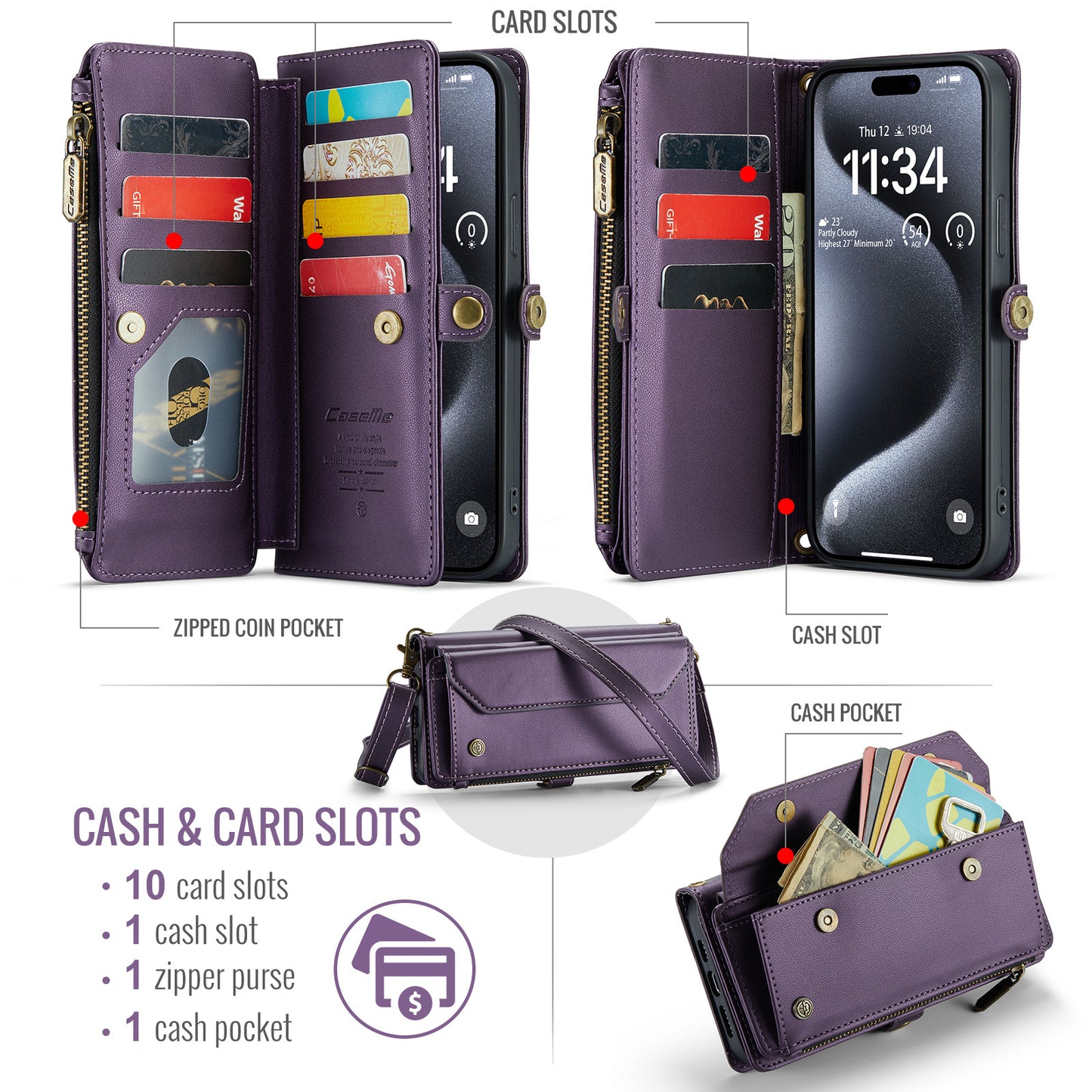 New RFID Blocking Zipper Wallet Supports Wireless Charging with Long and Short Lanyard Leather Phone Case for iPhone