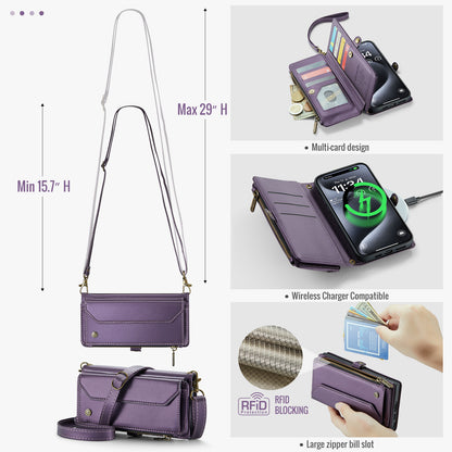 New RFID Blocking Zipper Wallet Supports Wireless Charging with Long and Short Lanyard Leather Phone Case for iPhone