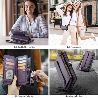 New RFID Blocking Zipper Wallet Supports Wireless Charging with Long and Short Lanyard Leather Phone Case for iPhone