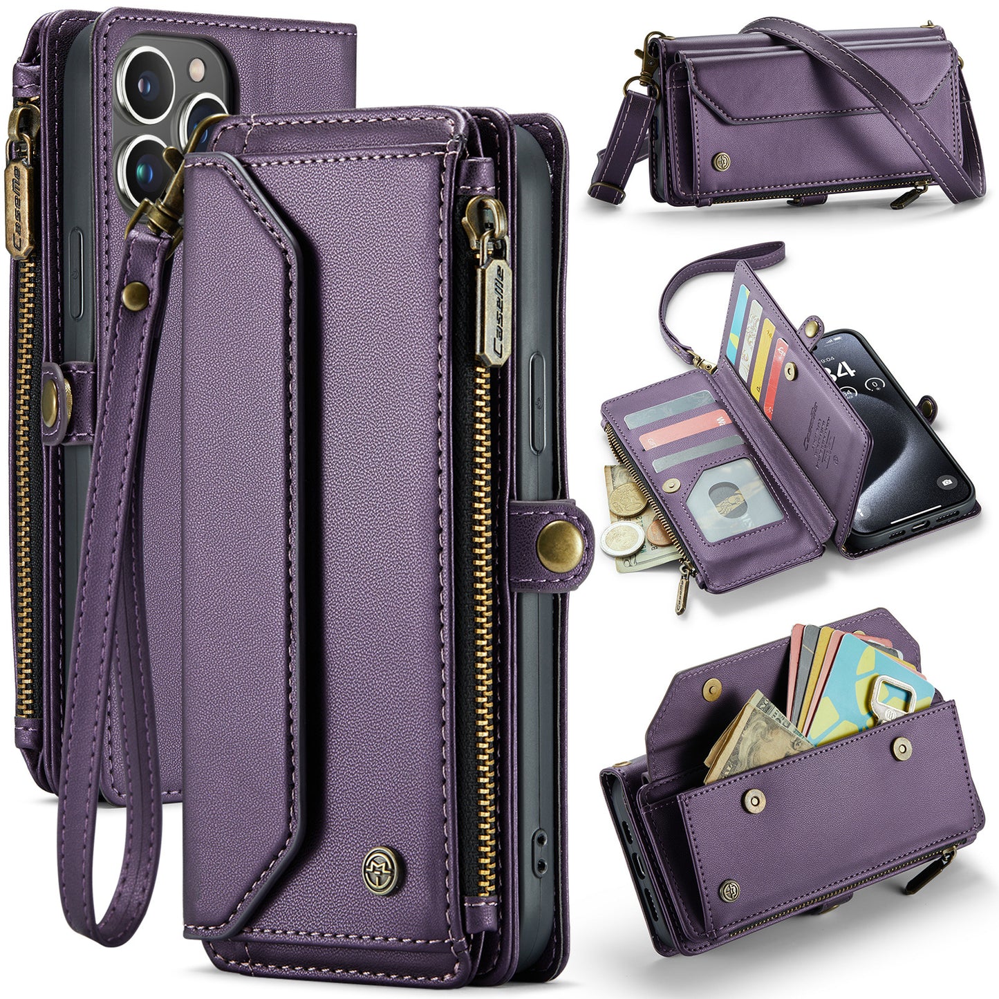 New RFID Blocking Zipper Wallet Supports Wireless Charging with Long and Short Lanyard Leather Phone Case for iPhone