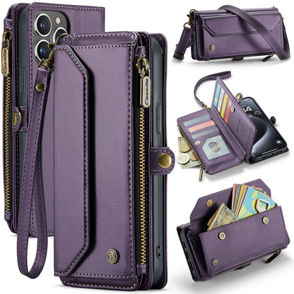 New RFID Blocking Zipper Wallet Supports Wireless Charging with Long and Short Lanyard Leather Phone Case for iPhone