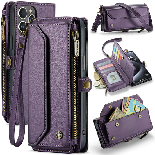 New RFID Blocking Zipper Wallet Supports Wireless Charging with Long and Short Lanyard Leather Phone Case for iPhone