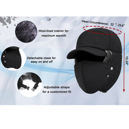 Trapper Hat for Men Women Waterproof Winter Warm Baseball Cap with Ear Flaps and Mask
