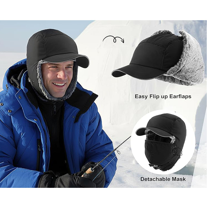 Trapper Hat for Men Women Waterproof Winter Warm Baseball Cap with Ear Flaps and Mask