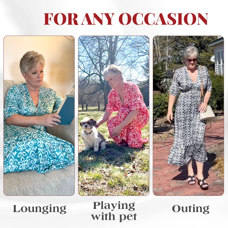 Bohemian casual print V-neck waist wrap long dress