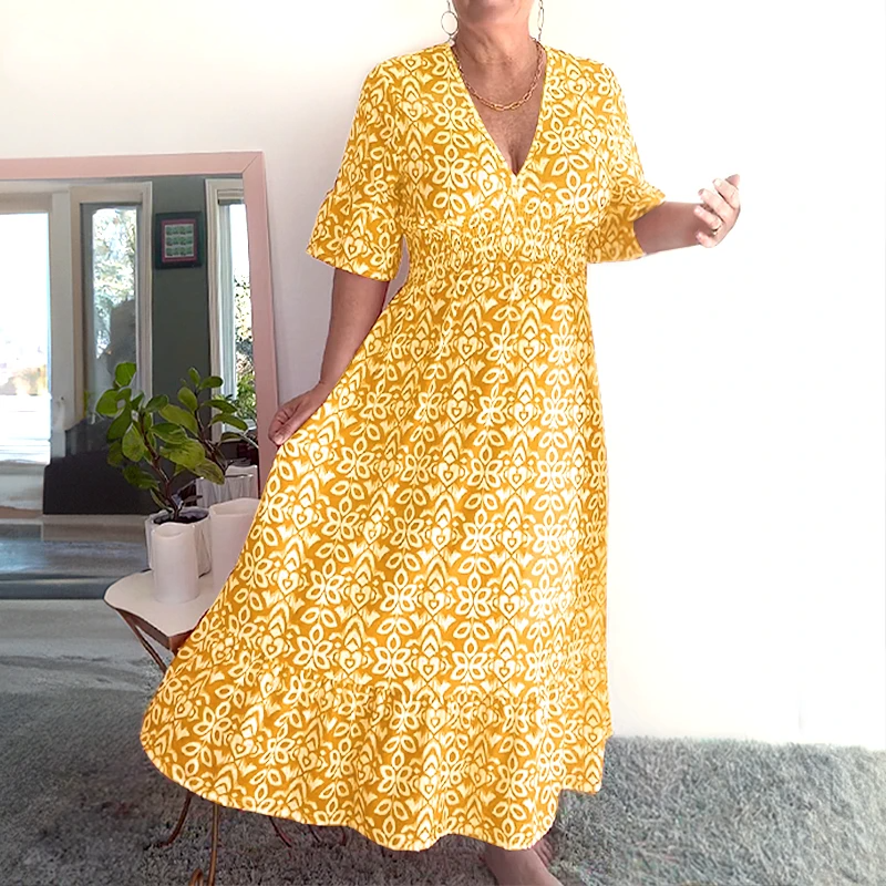 Bohemian casual print V-neck waist wrap long dress