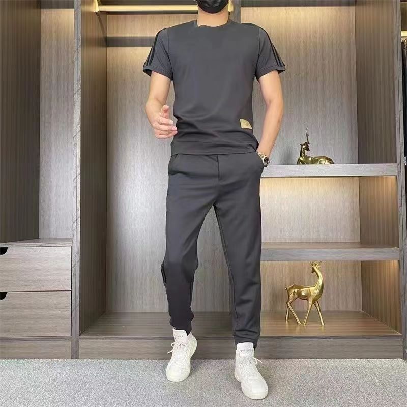 Men's High Stretch Short Sleeve Top & Jogging Pants 2-Piece Set