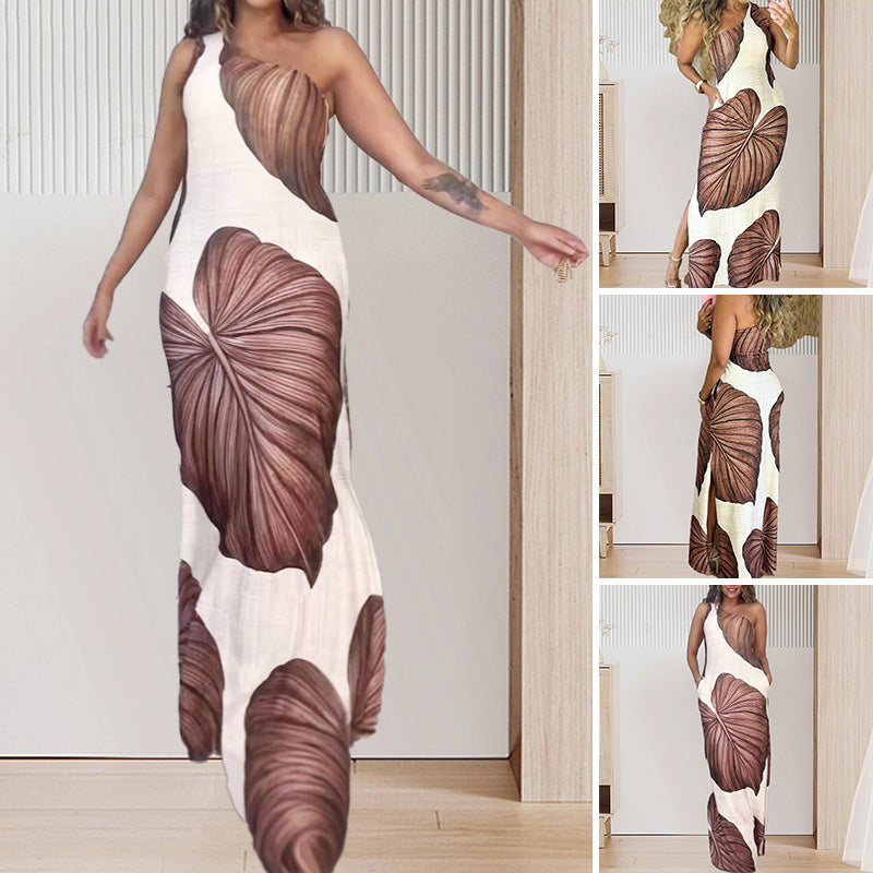 Time-limited Special Palm Print One-Shoulder Slim Maxi Dress